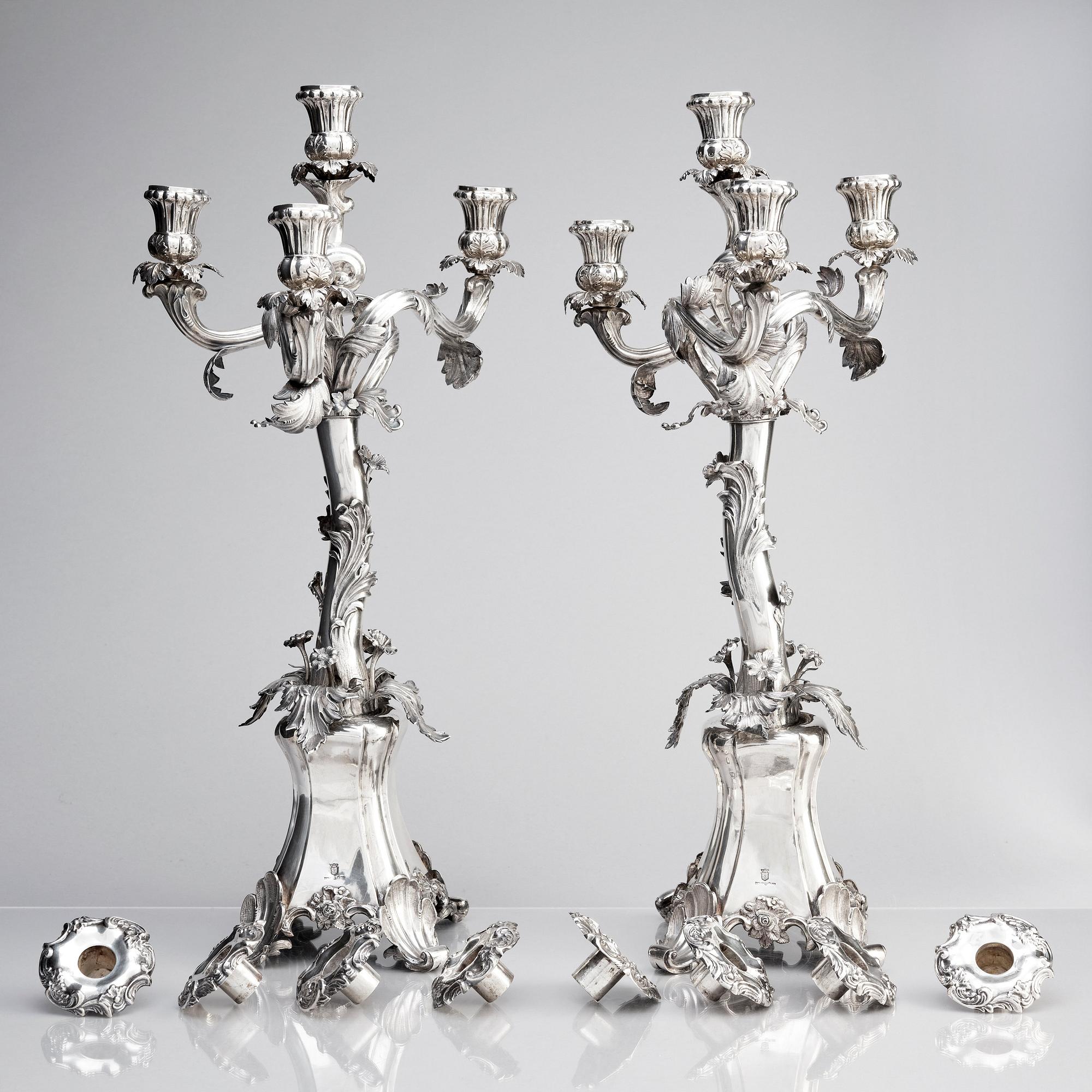 A pair of Swedish silver candelabra, mark of Gustaf Möllenborg-Féron, Stockholm 1856.
