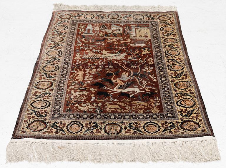 A Keysari figural silk rug, c. 121 x 76 cm.