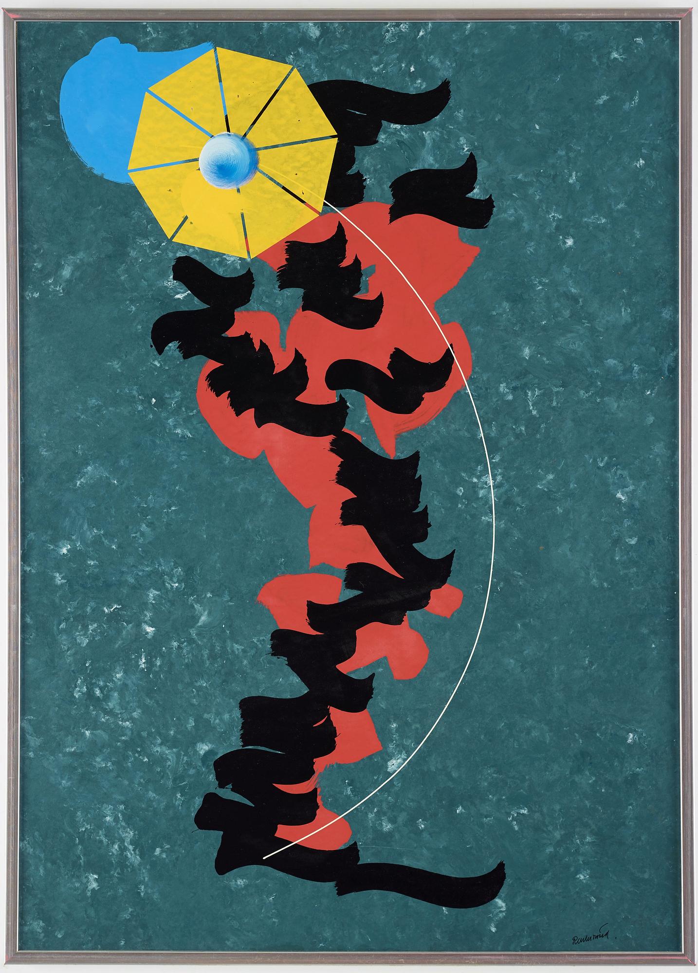 Carl Fredrik Reuterswärd, lackvarell på papper lagt på duk, signerad Reuterswärd.