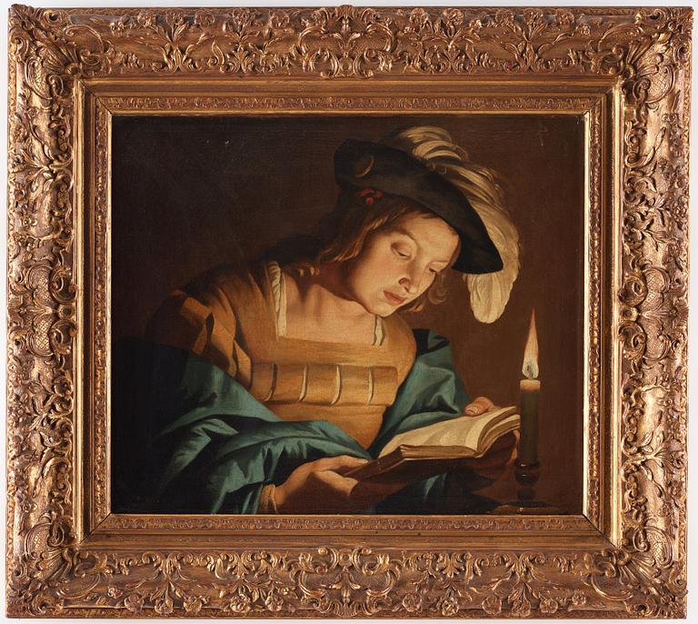 Matthias Stom (Stomer), (ca 1600- efter 1652). Yngling läsandes vid ljuset av ett vaxljus.