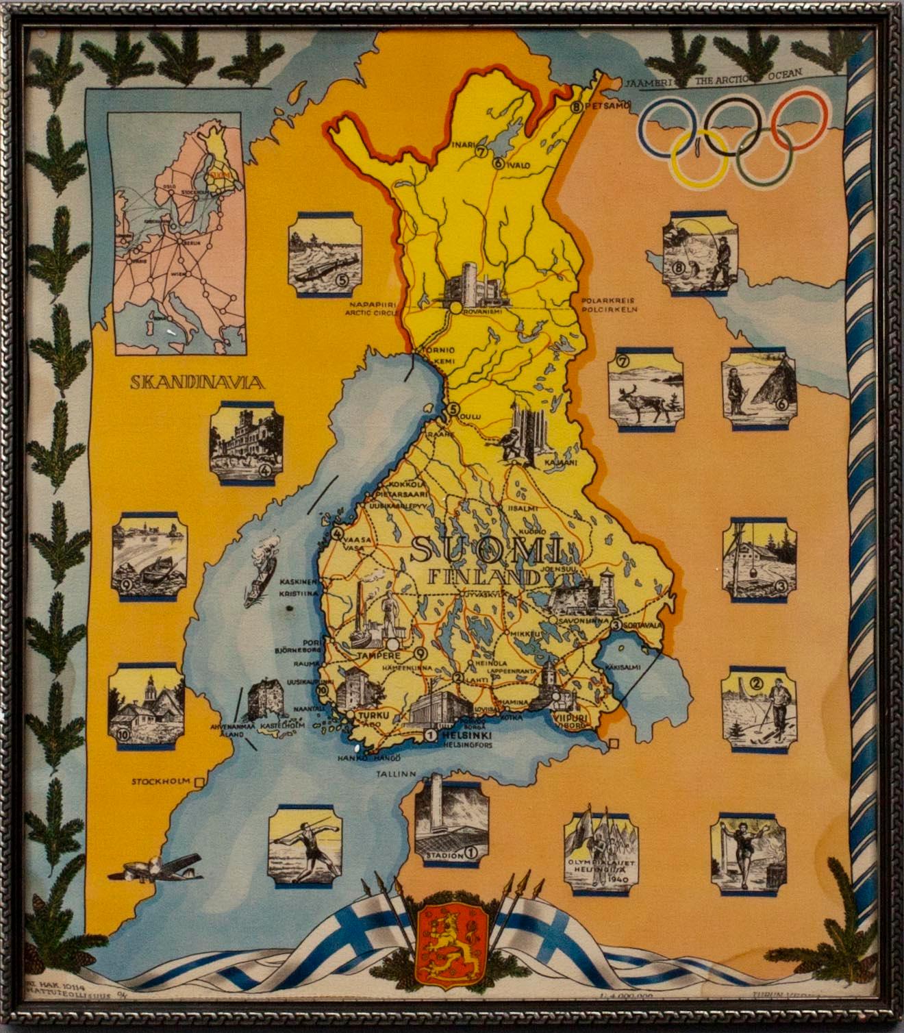 OLYMPIASCARF, inramad, Helsingfors 1940. Turun Verkatehdas Oy.