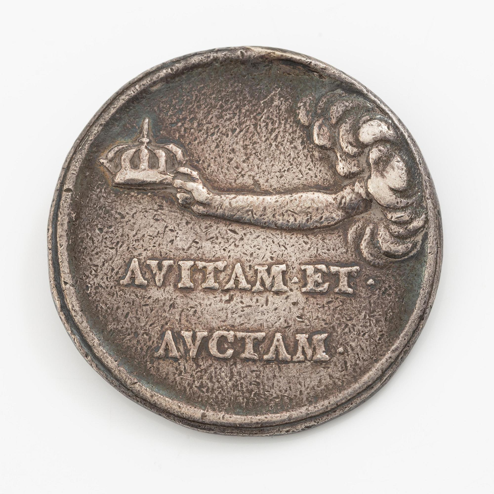 Kastpenning, Drottning Kristinas kröning 1650, av Erich Parise (medaljgravör under 1600-talets mitt).