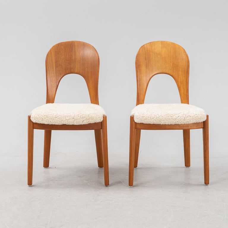 A set of six teak dining chairs upholstered in new sheep skin by Niels Koefoed, Denmark, 1960's.