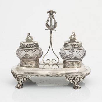 Carl Petter Lampa, skrivställ, silver och glas, empire, Stockholm 1828.