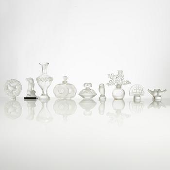 Lalique, four perfume bottles and five figurines, France, after 1945.