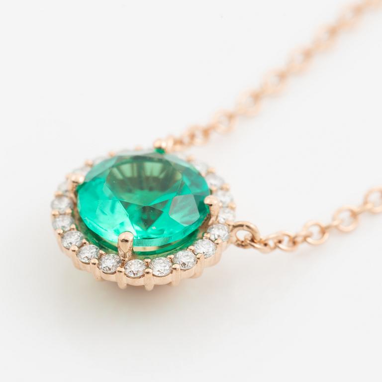 Necklace 18K gold with synthetic emerald and brilliant-cut diamonds.