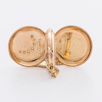 POCKET WATCH 14K gold Waltham and CHAIN 18K gold w 7 old-cut diamonds, 33 mm.