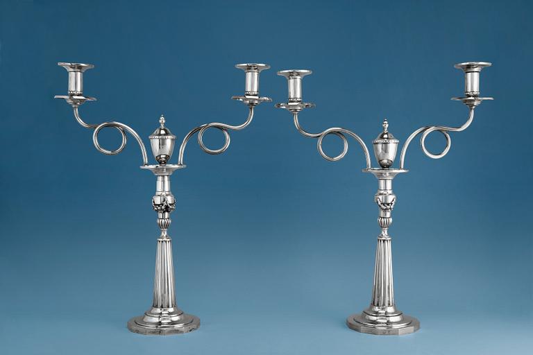 A PAIR OF CANDELABRAS, 875 silver. Switzerland late 1800 s. Height 47 cm. Weight including plaster-filling 2660 g.