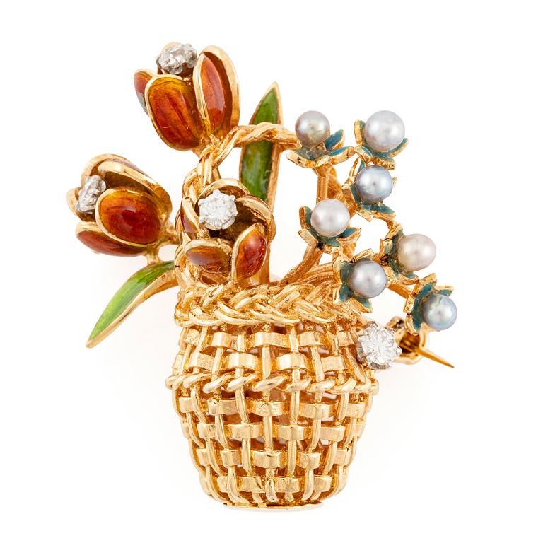 A W.A. Bolin brooch 18K gold and enamel with cultured pearls and round brilliant-cut diamonds, design Barbro Littmarck.