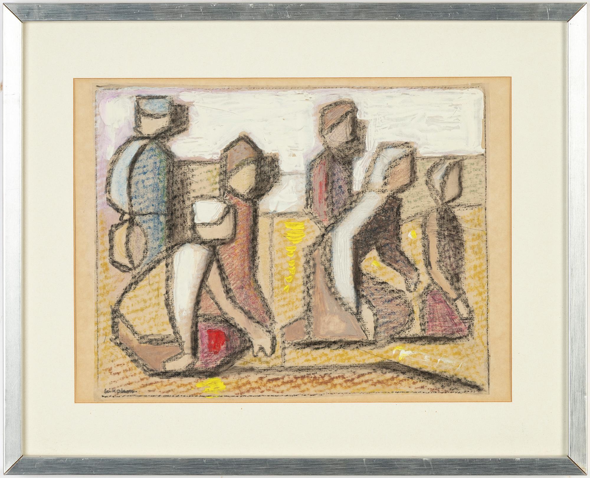 Erik Olson, mixed media on grease proof paper mounted on paper panel, signed.