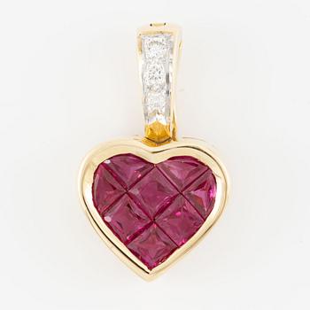 Pendant, in the shape of a heart, 18K gold with carré-cut rubies and diamonds.