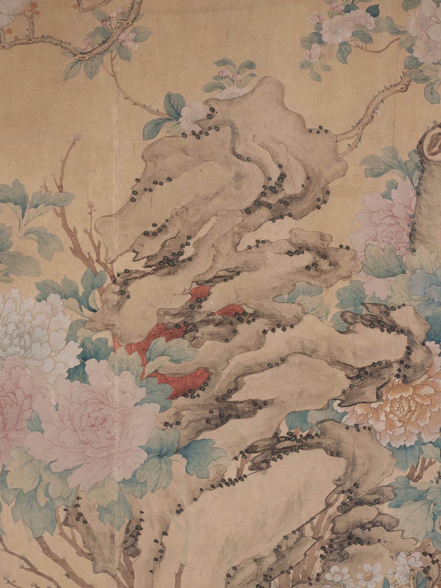 A Chinese scroll painting/wall paper-panel, ink and colour on paper, after Jiang Tingxi (1669-1732), Qing dynasty.