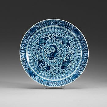 A blue and white carp dish, Qing dynasty, Kangxi (1662-1722).