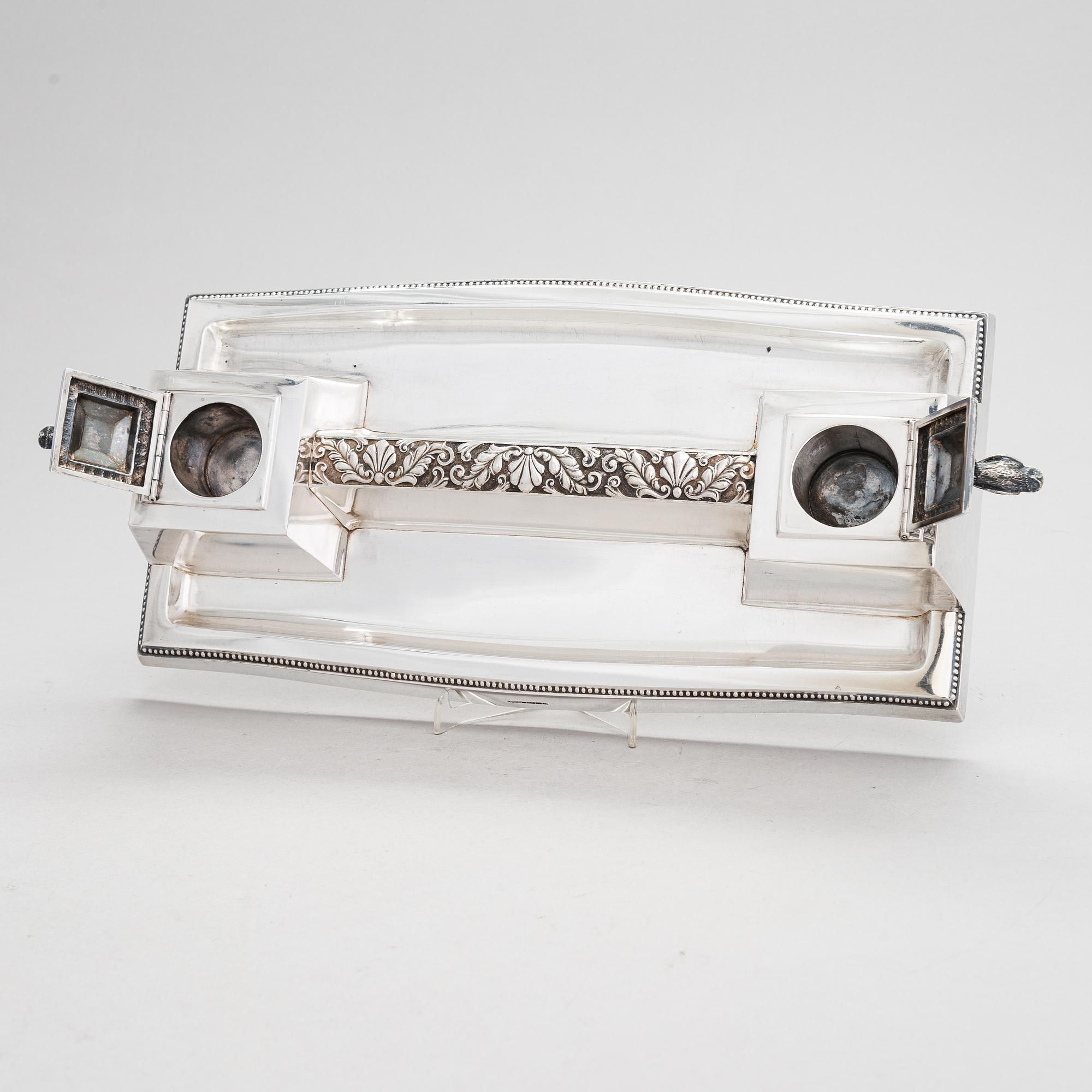 A silver ink stand, maker's mark of Iisakki Saha, Pori Finalnd 1921.