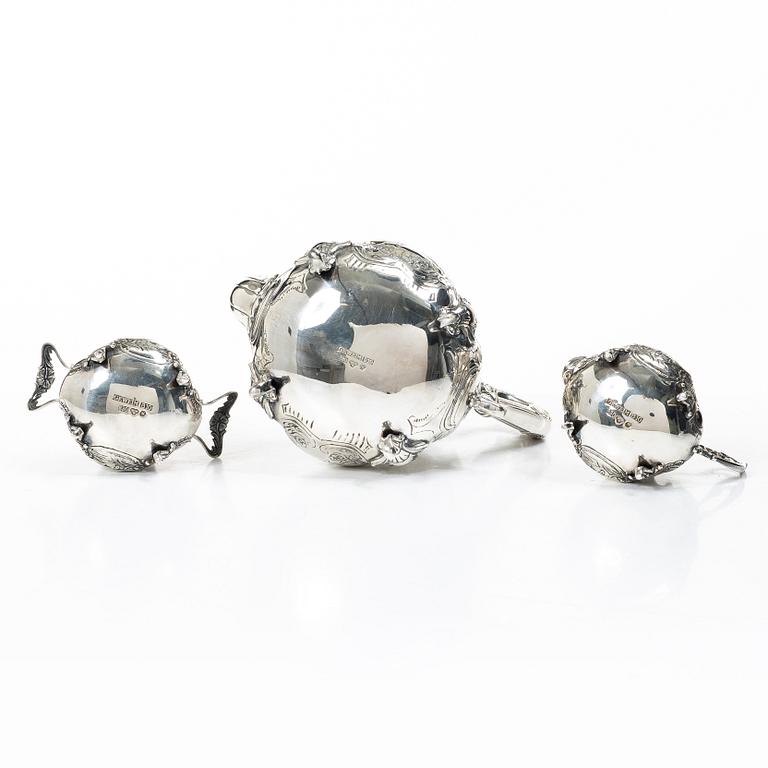Coffee service, 3 pieces, silver, Rococo style, Gewe Silvervarufabriken Ab, Malmö 1976–78.