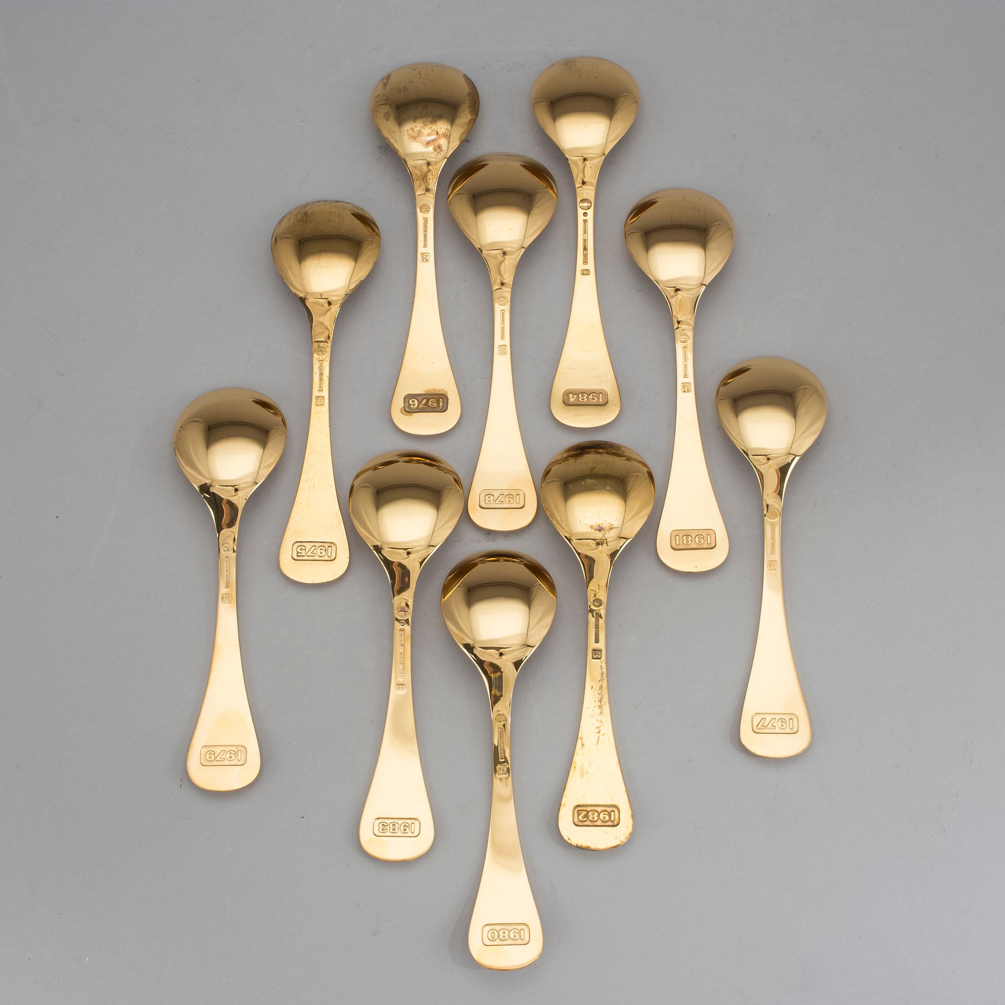 ÅRSSKEDAR, 10 st, förgyllt sterlingsilver, Georg Jensen, 1970/80-tal.