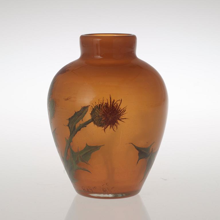 A Betzy Ählström amber coloured glass vase with enamel painted decoration of thistle flowers, Reijmyre 1901-02.