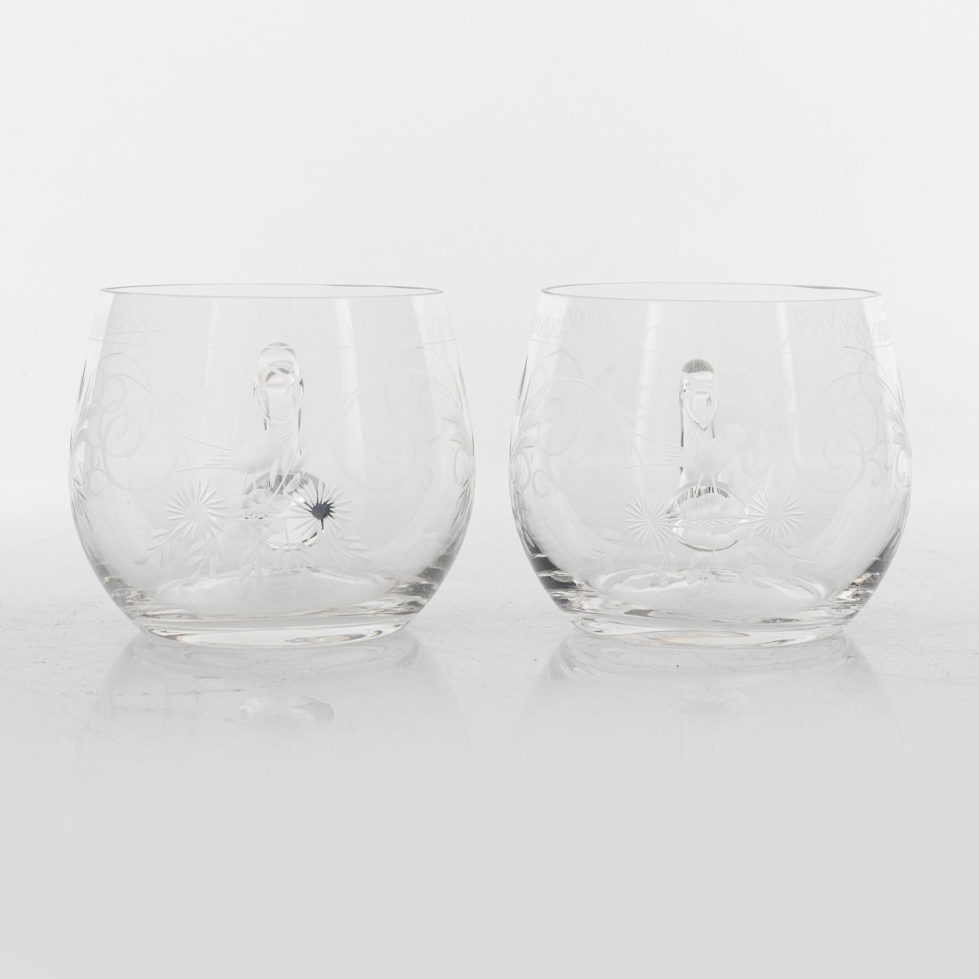 A punch bowl and mugs, glass, mid 20th century.