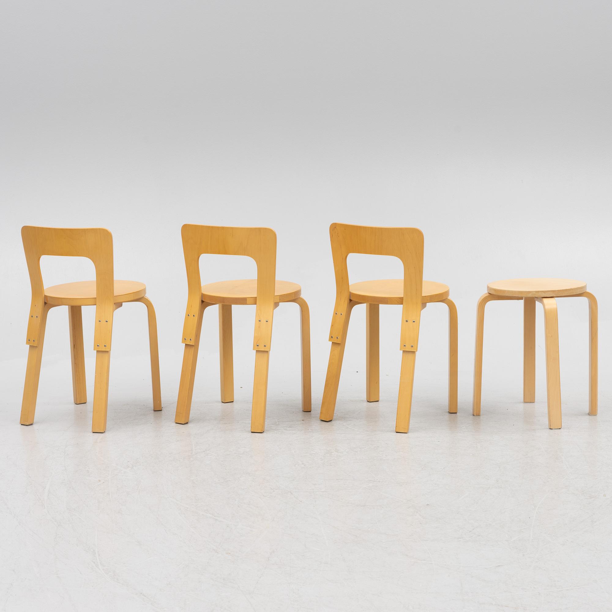 Alvar Aalto, A set of 3 model N65 chairs, and a model 60 stool, Artek, Finland, second half of the 20th century.