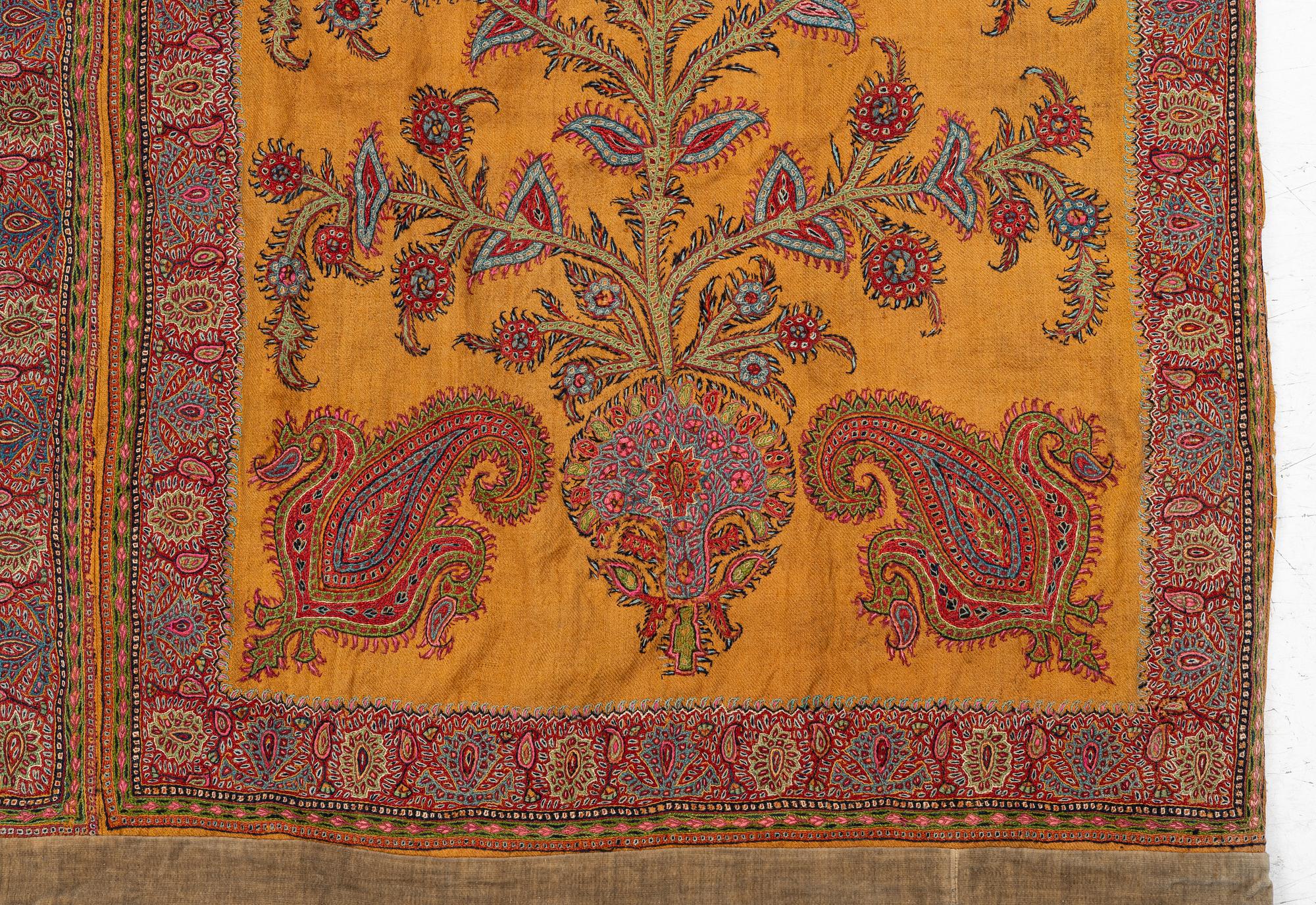 Embroidery, a pair, semi-antique Pateh Kirman, approx. 122 x 190 cm in total.