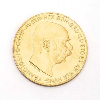 AUSTRIAN 100 CORONA GOLD COIN, 21,6 ct, 1915. Ca 34 grams.