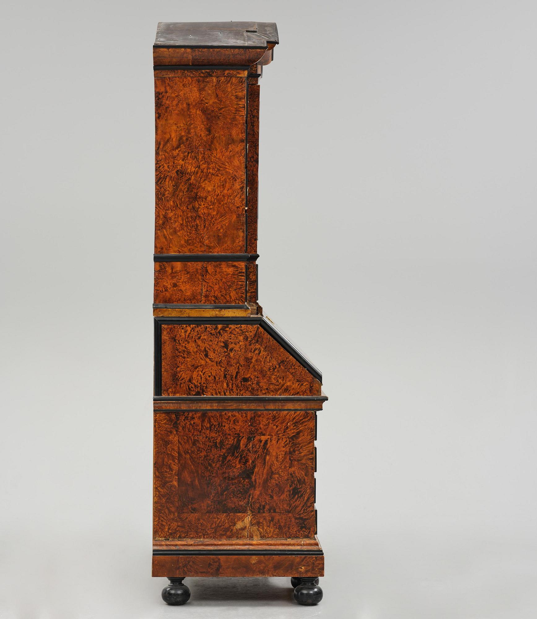 A Swedish burr-elm late baroque writing cabinet, first part 18th century.