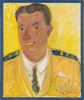 Maj Bring, Porträtt av man med gul bakgrund.