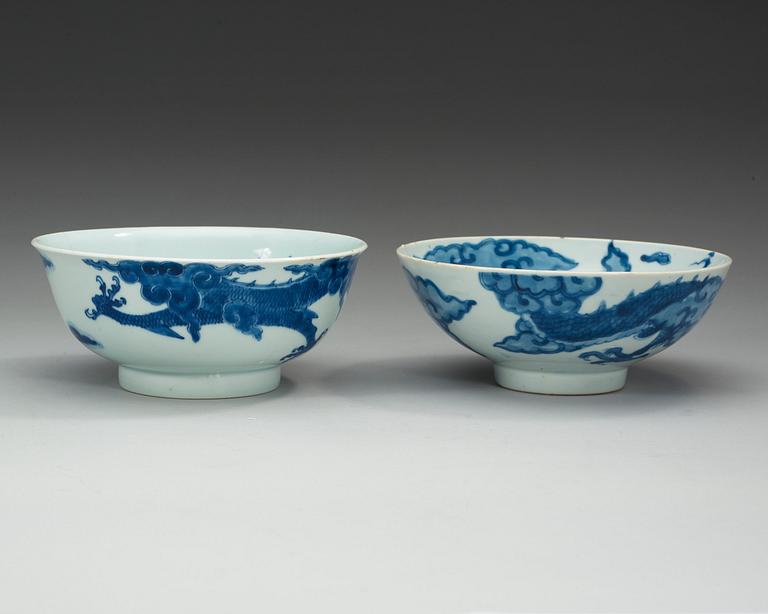 Two blue and white bowls, Qing dynasty, 18th Century with Yongzheng six character mark to base.
