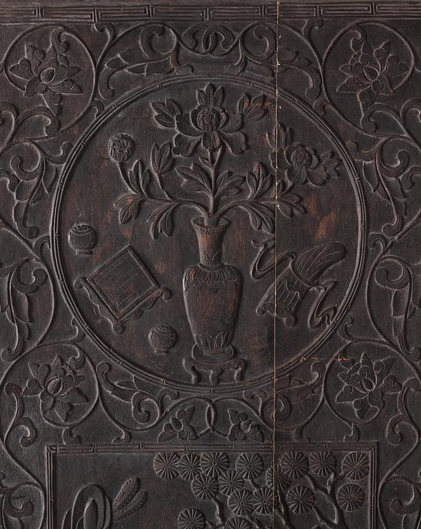 A set of three Chinsese hardwood panels, Qing dynasty.