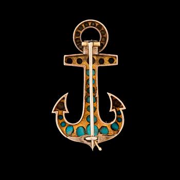 A BROOCH, pearls, cabochon cut turquoise, 14K (56) gold. St Petersburg, c. 1880.