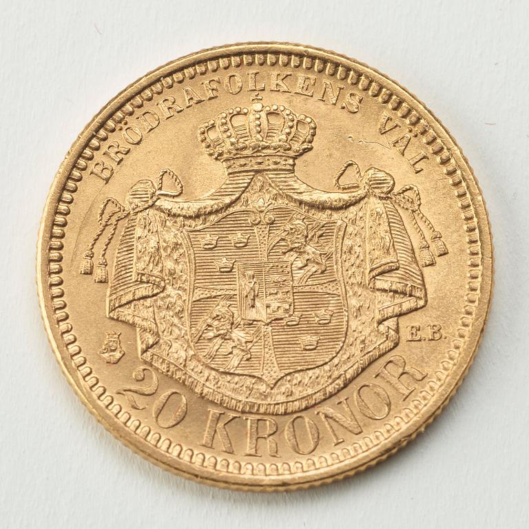 A gold coin, 20 swedish kronor, 1898, weight c 9 g.