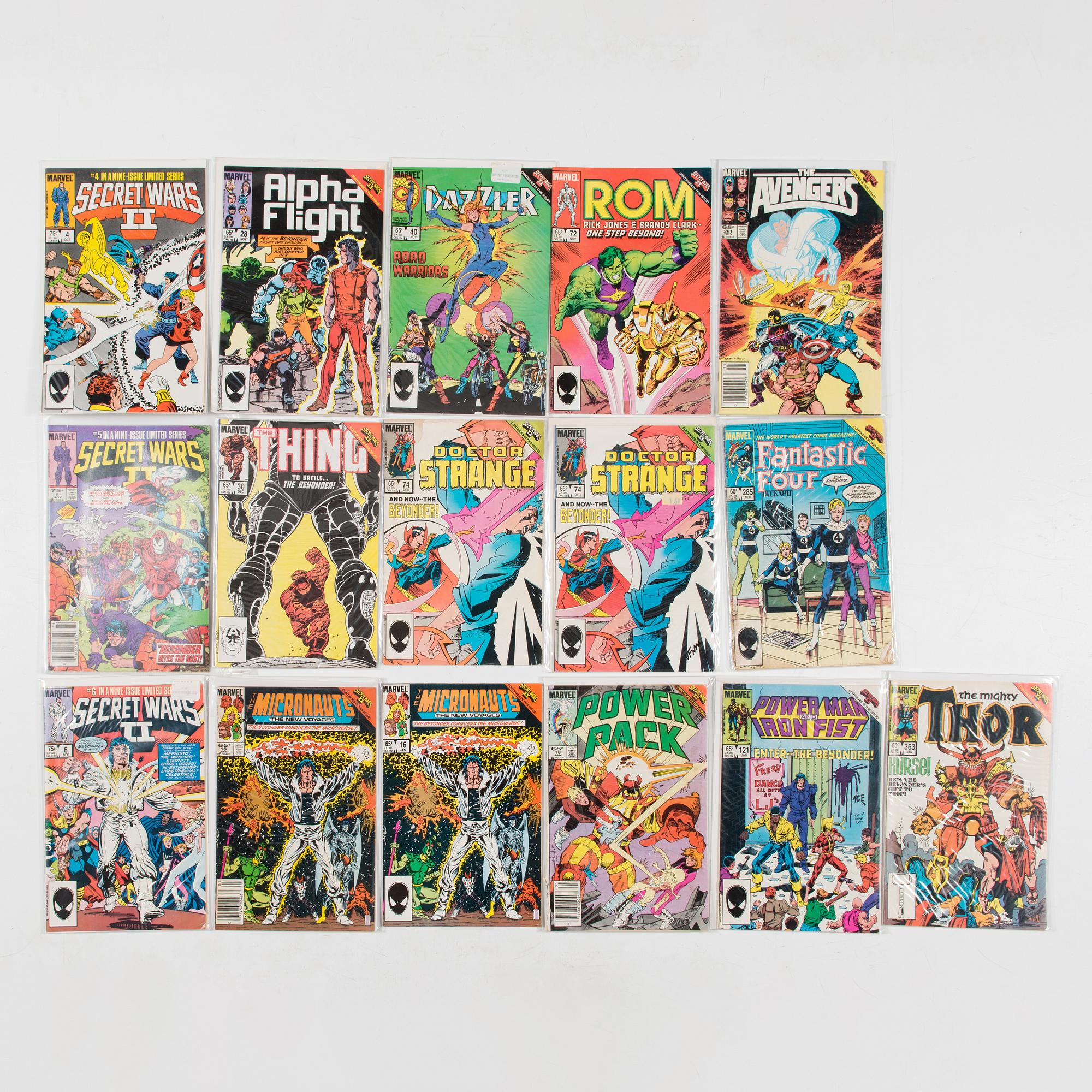 Serietidningar, 45 st, kompletta serier, Secret Wars I, II, III, Marvel, USA, 1984-88.