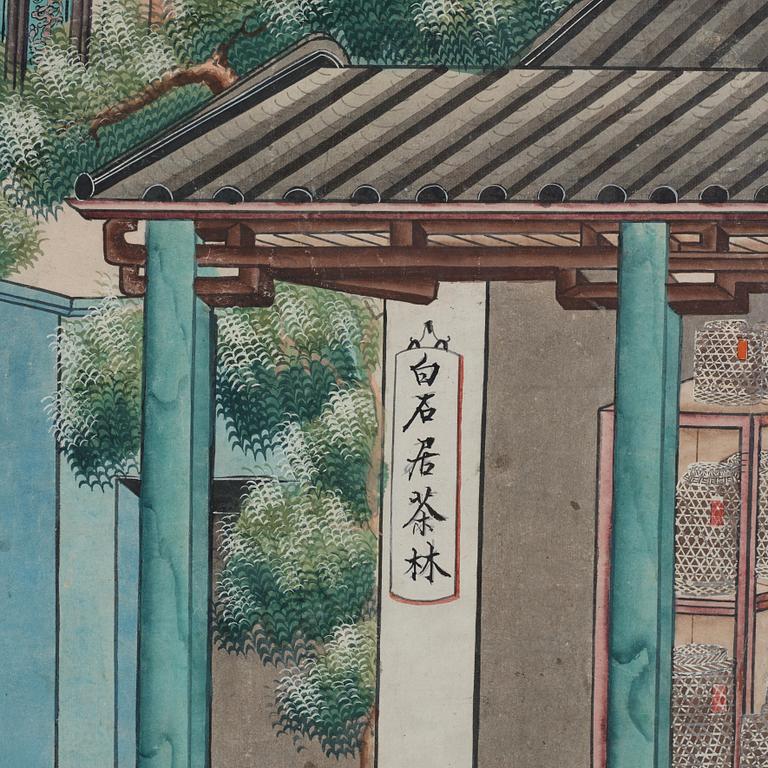 A painting by un unkown master of a tea shop, Qing dynasty, circa 1900.