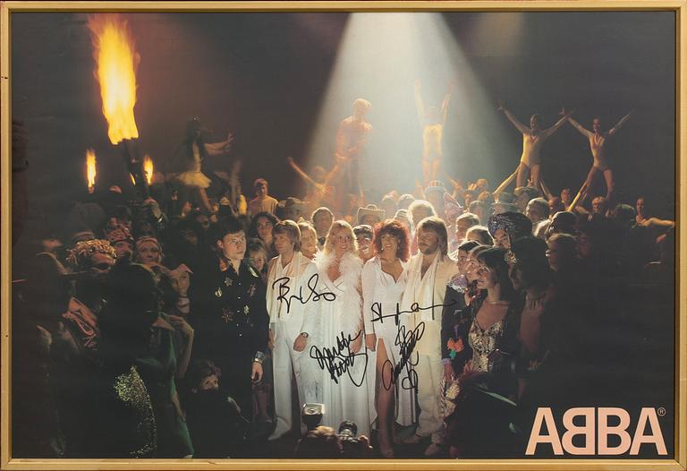 ABBA, AFFISCH från 1980, samtliga bandmedlemmars autografer.