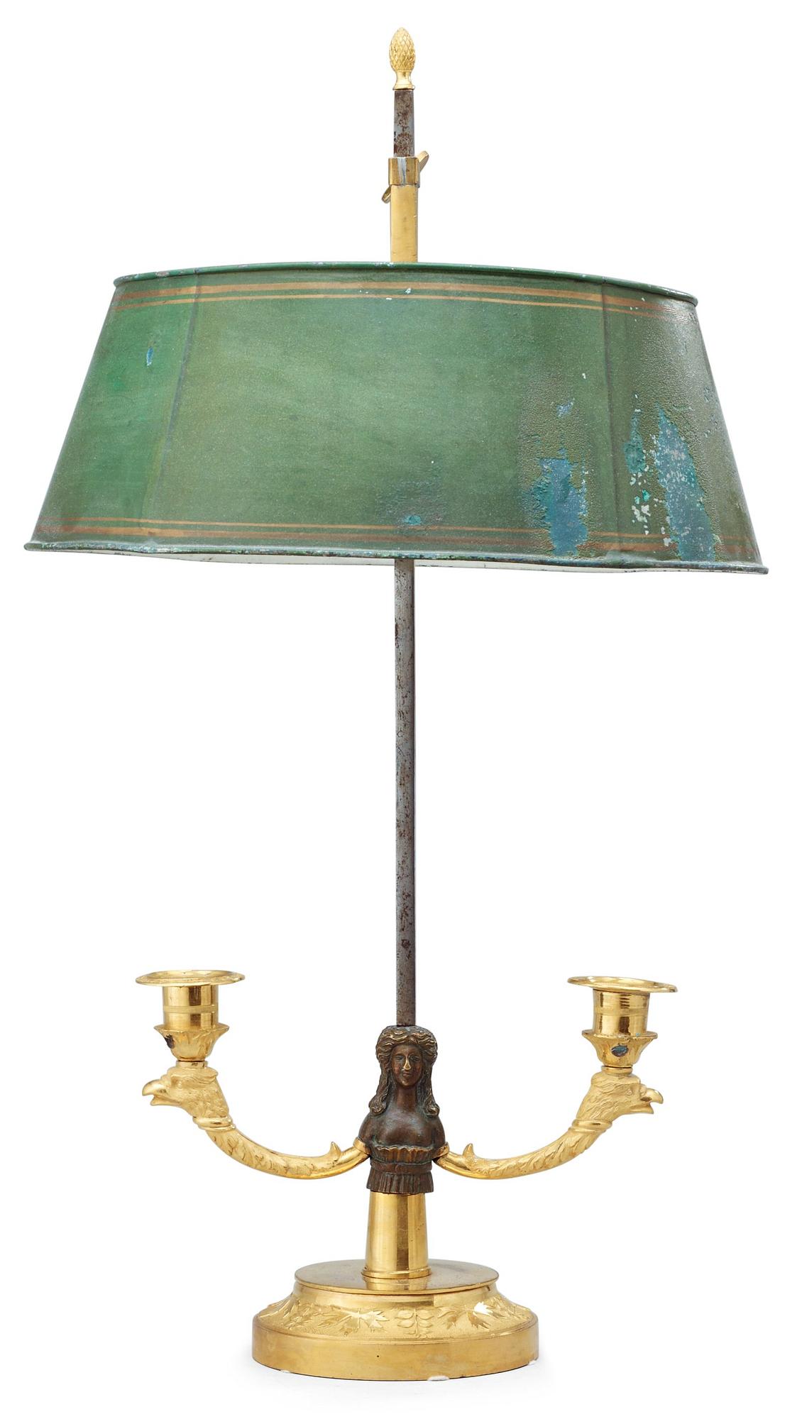 An Empire 19th century two-light lampe à bouillotte.