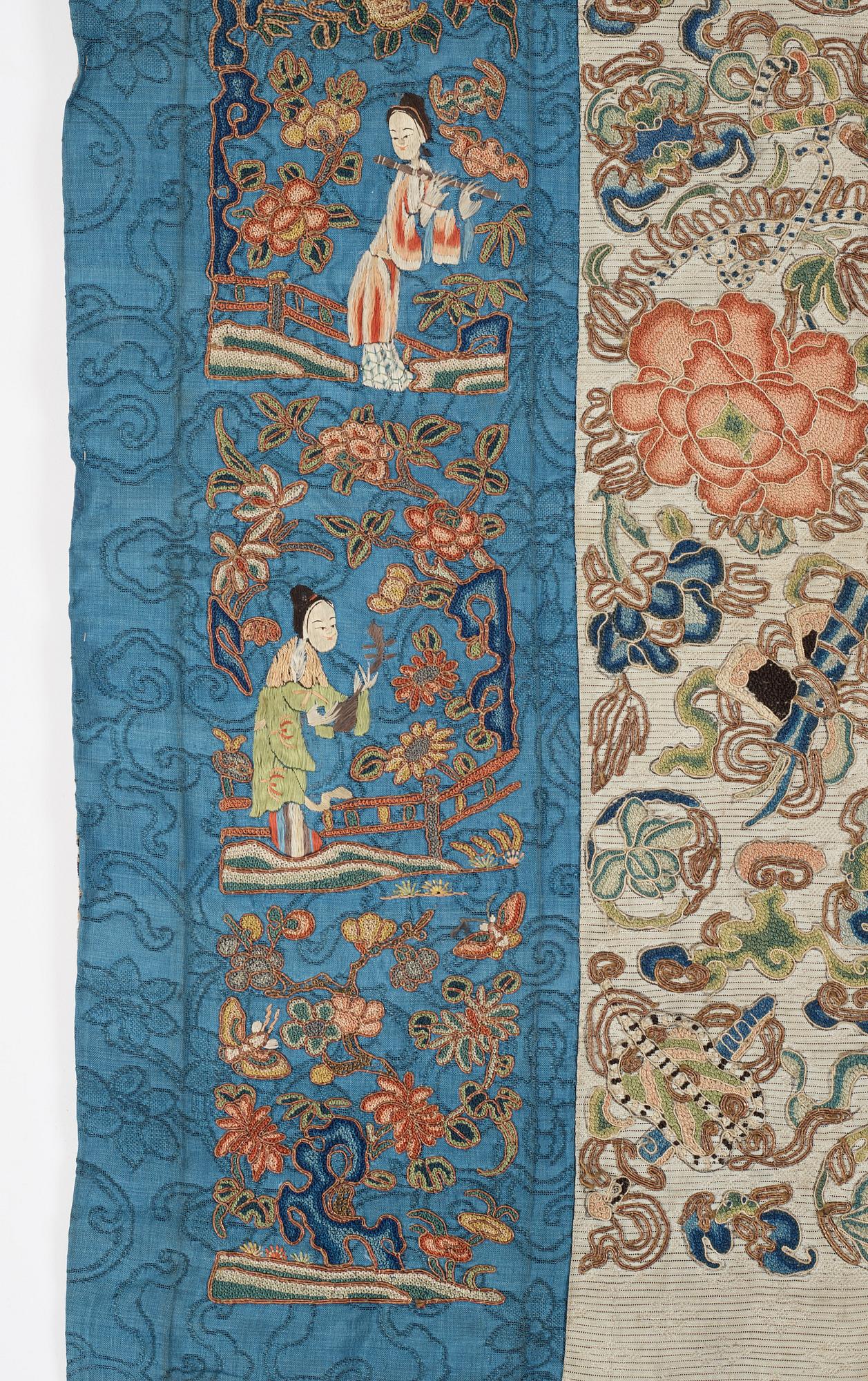 Two curtain tops in embroidered silk, China and Japan, circa 1900.