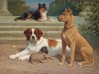 212. Heinrich Sperling, Group of dogs at stairs.