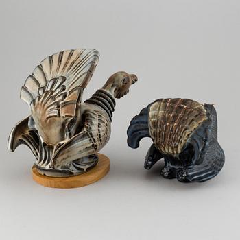 GUNNAR NYLUND, two stoneware sculptures of capercailles, Rörstrand, Sweden.