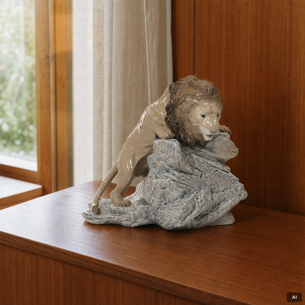 Lladró, figurine, "Lion pouncing", Spain.