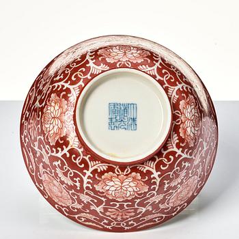 A coral red reverse decorated floral bowl, seal mark of Daoguang, Republic, 20th Century.