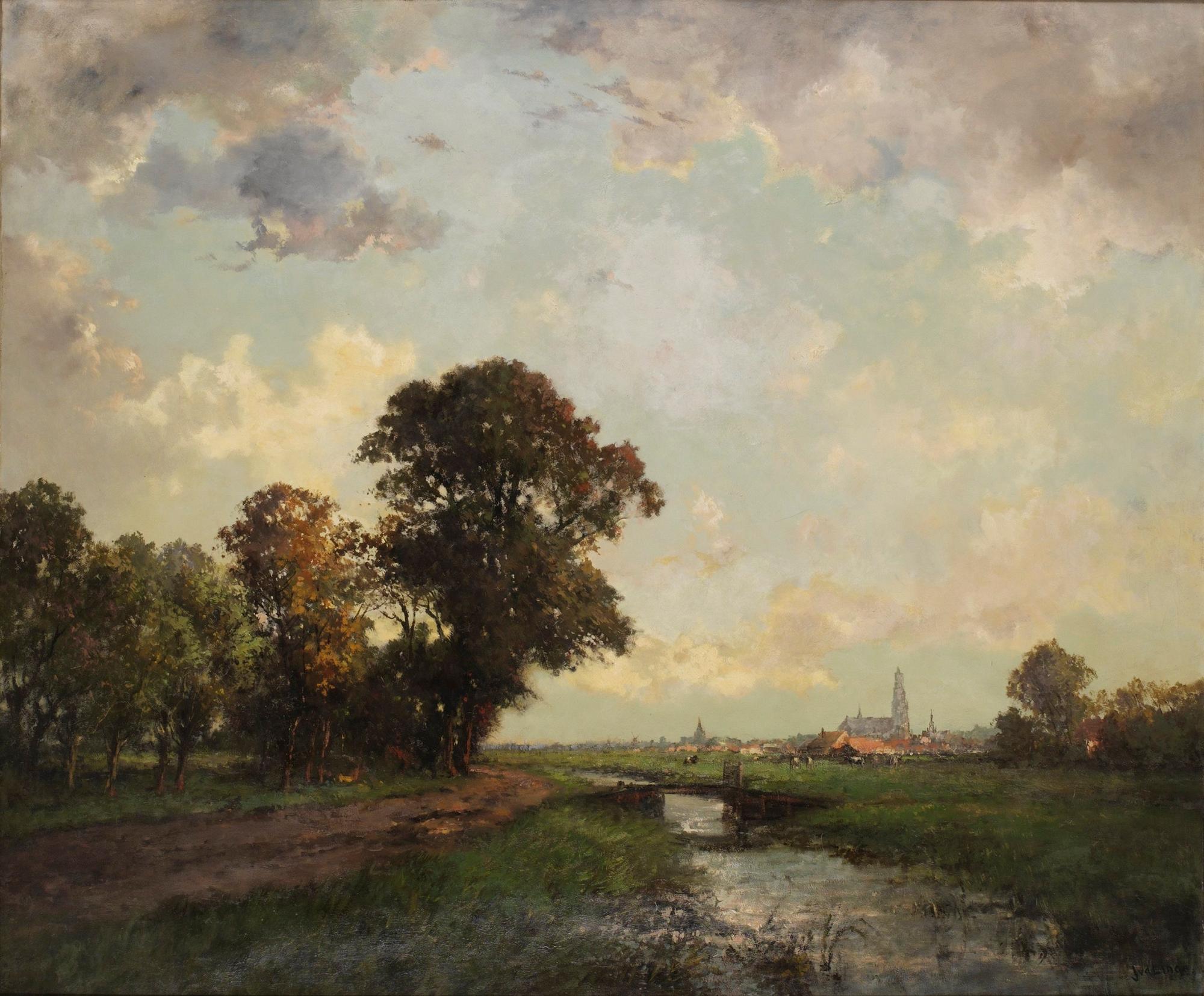 Jan Van der Linde, Landskapsmotiv med samhälle i bakgrunden.