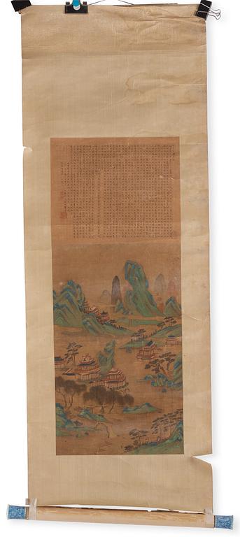 A Chinese scroll painting, ink and colour on paper, Qing dynasty after Wen Zhenming.