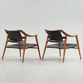 Adolf Relling & Sigurd Resell, a pair of teak and leather "56/2 Bambi-series armchairs, Norway 1950-60's,