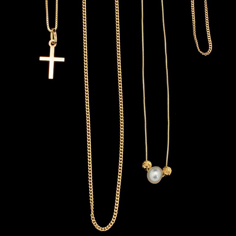 KEDJOR, 4 st, samt ÖRHÄNGEN, ett par, 18k guld resp 14k guld 1900-tal. Tot vikt 7 g.