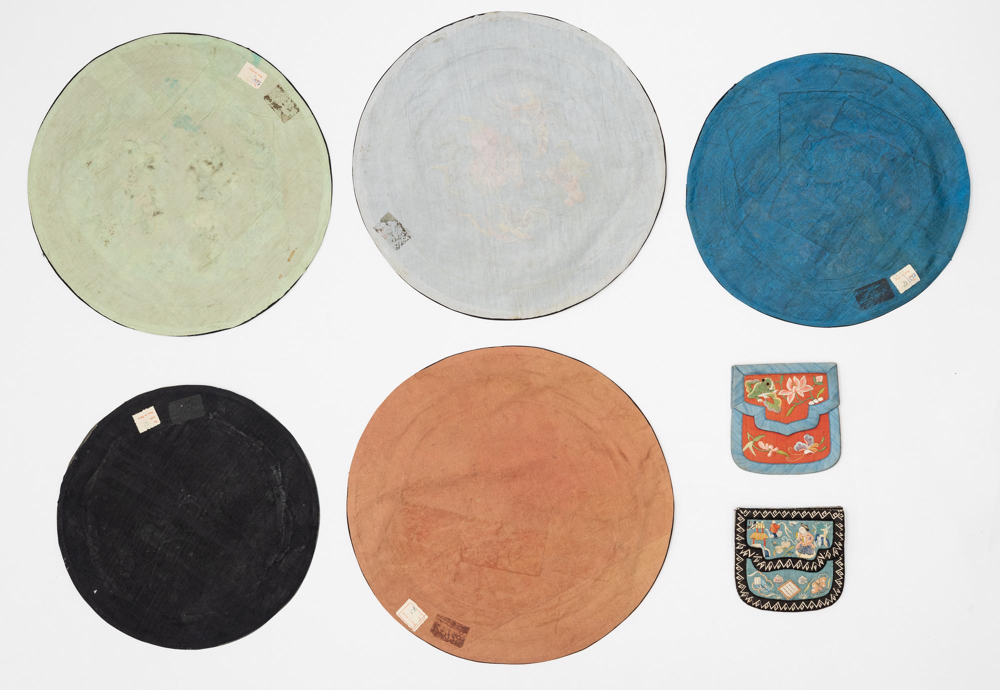 A group of five Chinese silk embroideries and two silk purses, around 1900.