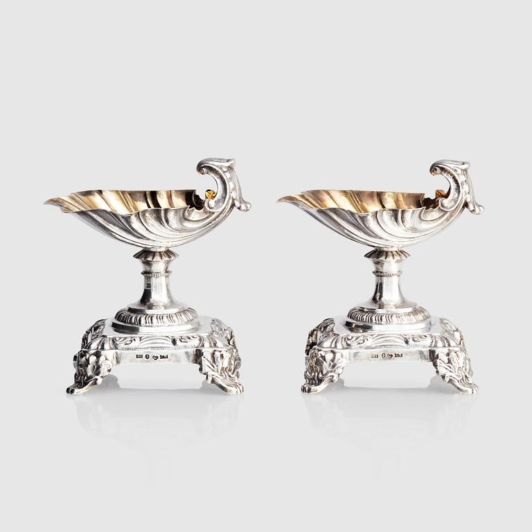 A Swedish pair of salt cellars, parcel-gilt silver, marks of Gustaf Möllenborg, Stockholm 1838.