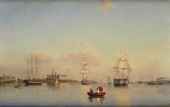 Ehrnfried Wahlqvist Warship at anchor in calm waters by Kronborg Castle.