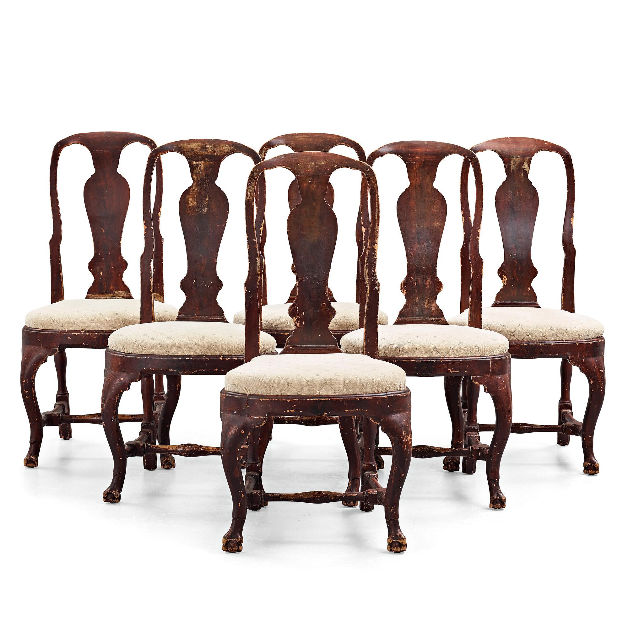 Six Swedish late Baroque 18th century chairs.