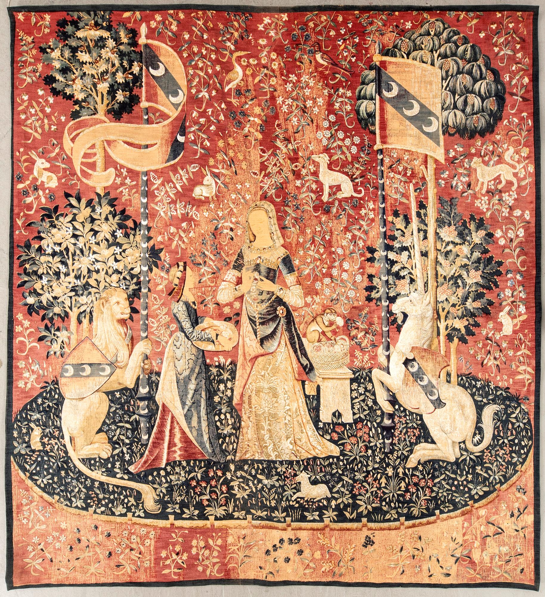 Tapet ""La Dame à la licorne". Efter original i Musée de Cluny, Paris, Edition d'art de Rambouillet ca 222x199 cm.