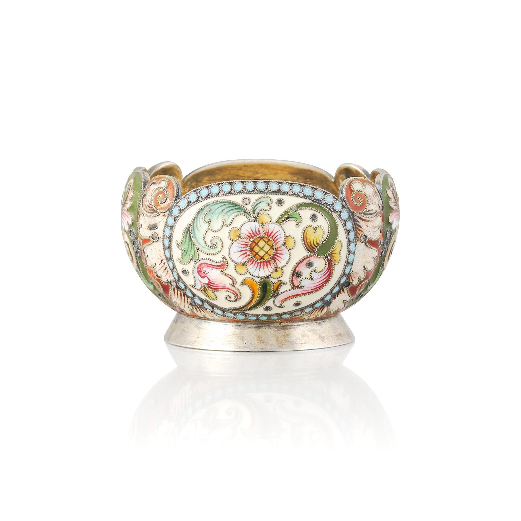 A Russian early 20th Century silver-gilt and enamel salt cellar. Assayer's mark Ivan Lebedkin.
